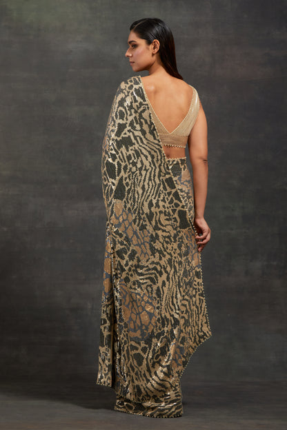 Sari Set in Sequin Embroidery in Tiger Leopard Design