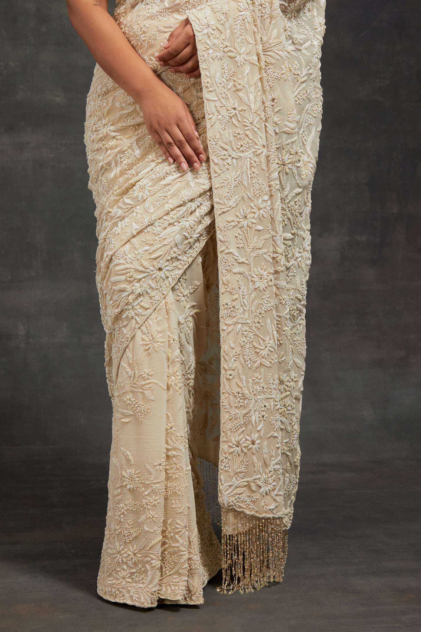 Sari Set In Pearl and Thread Embroidery