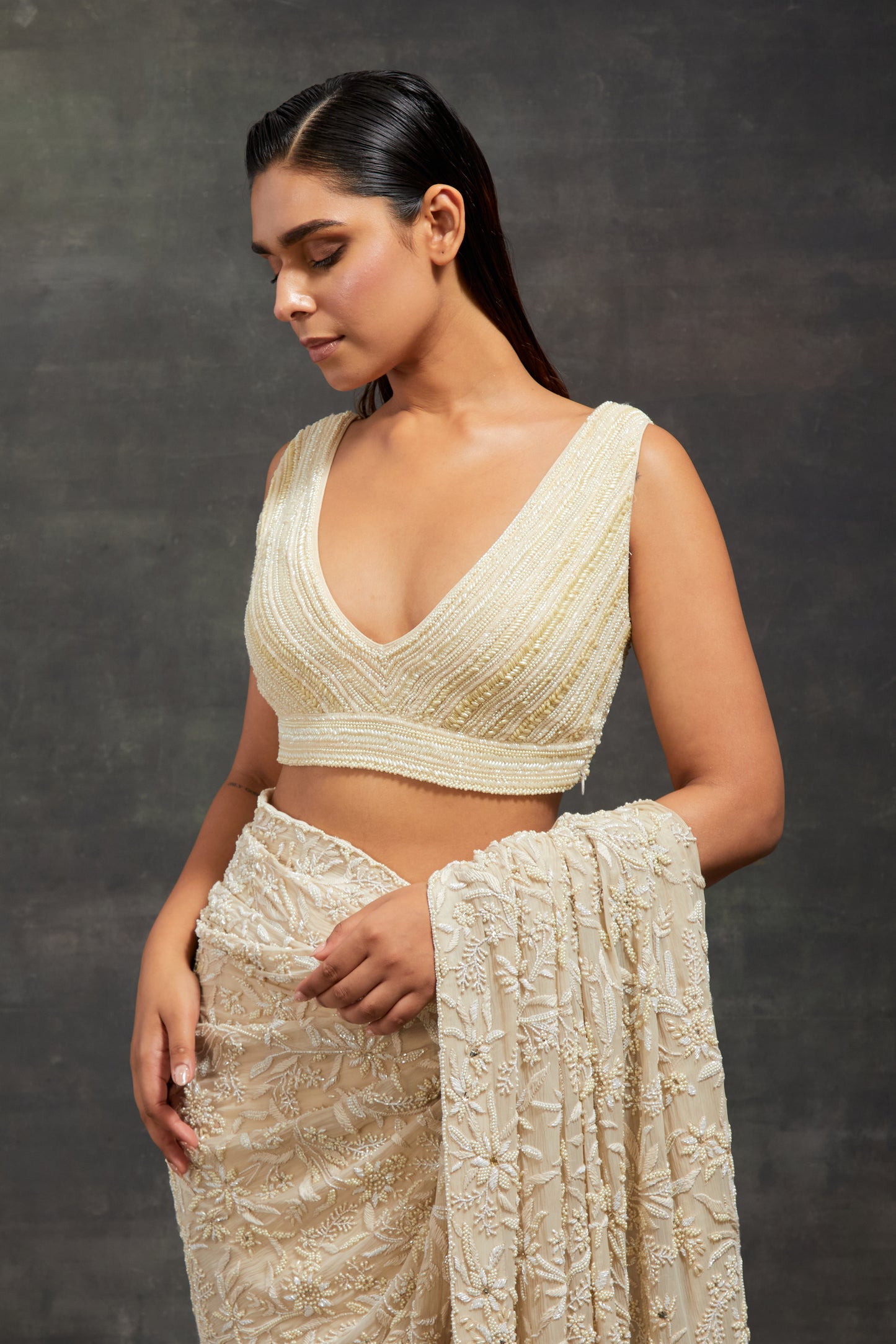 Sari Set In Pearl and Thread Embroidery