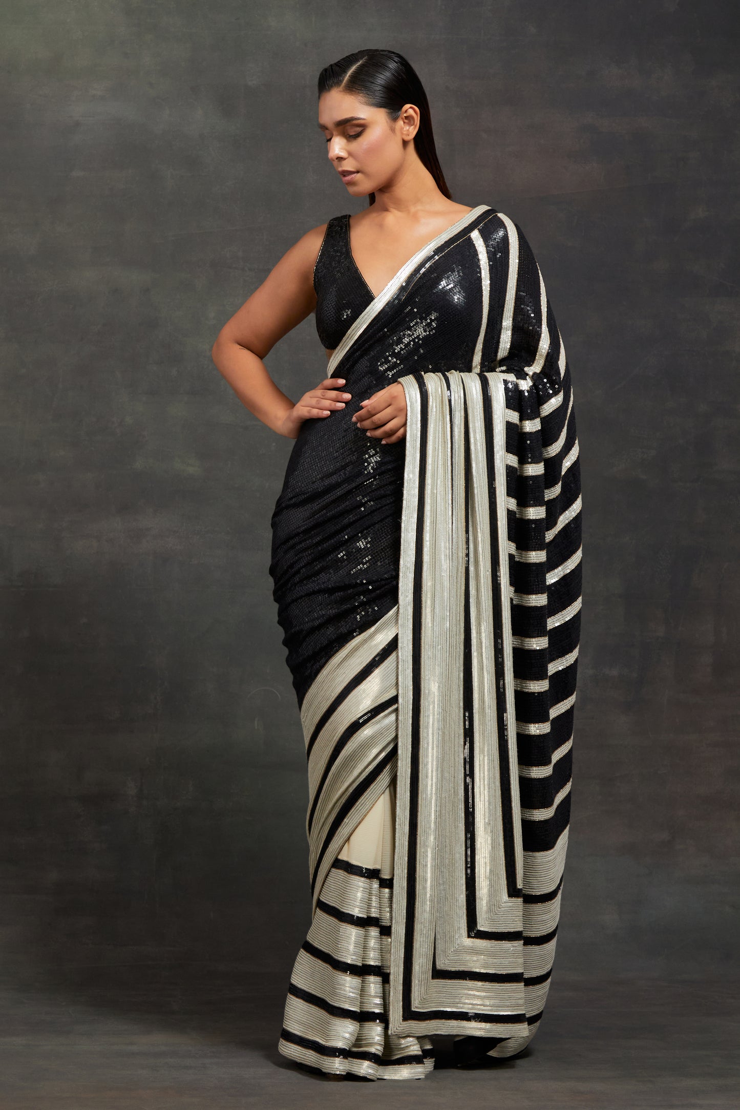 Sari Set In  Stripe Sequin Embroidery