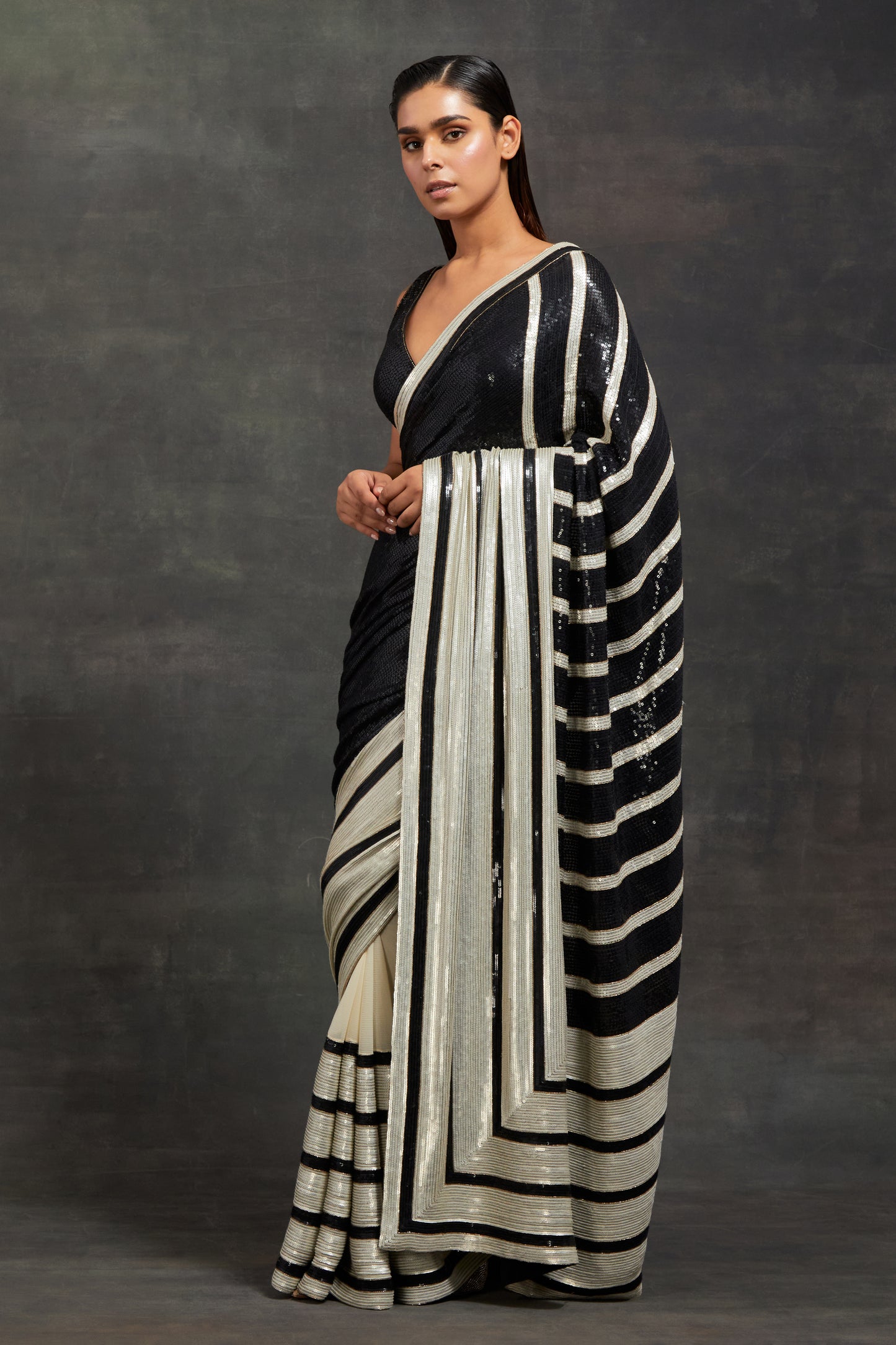 Sari Set In  Stripe Sequin Embroidery