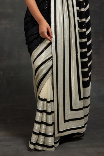Sari Set In  Stripe Sequin Embroidery
