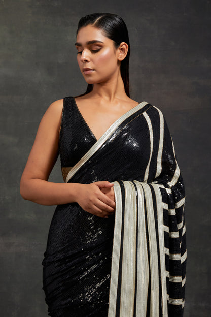 Sari Set In  Stripe Sequin Embroidery