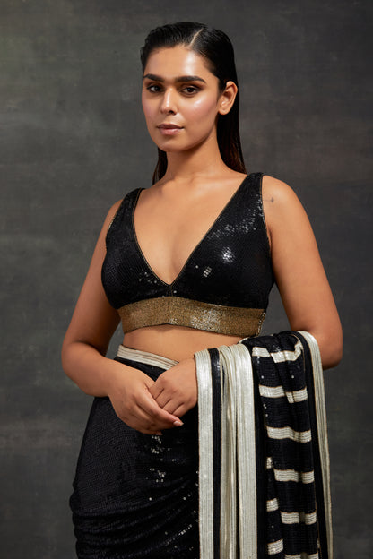 Sari Set In  Stripe Sequin Embroidery