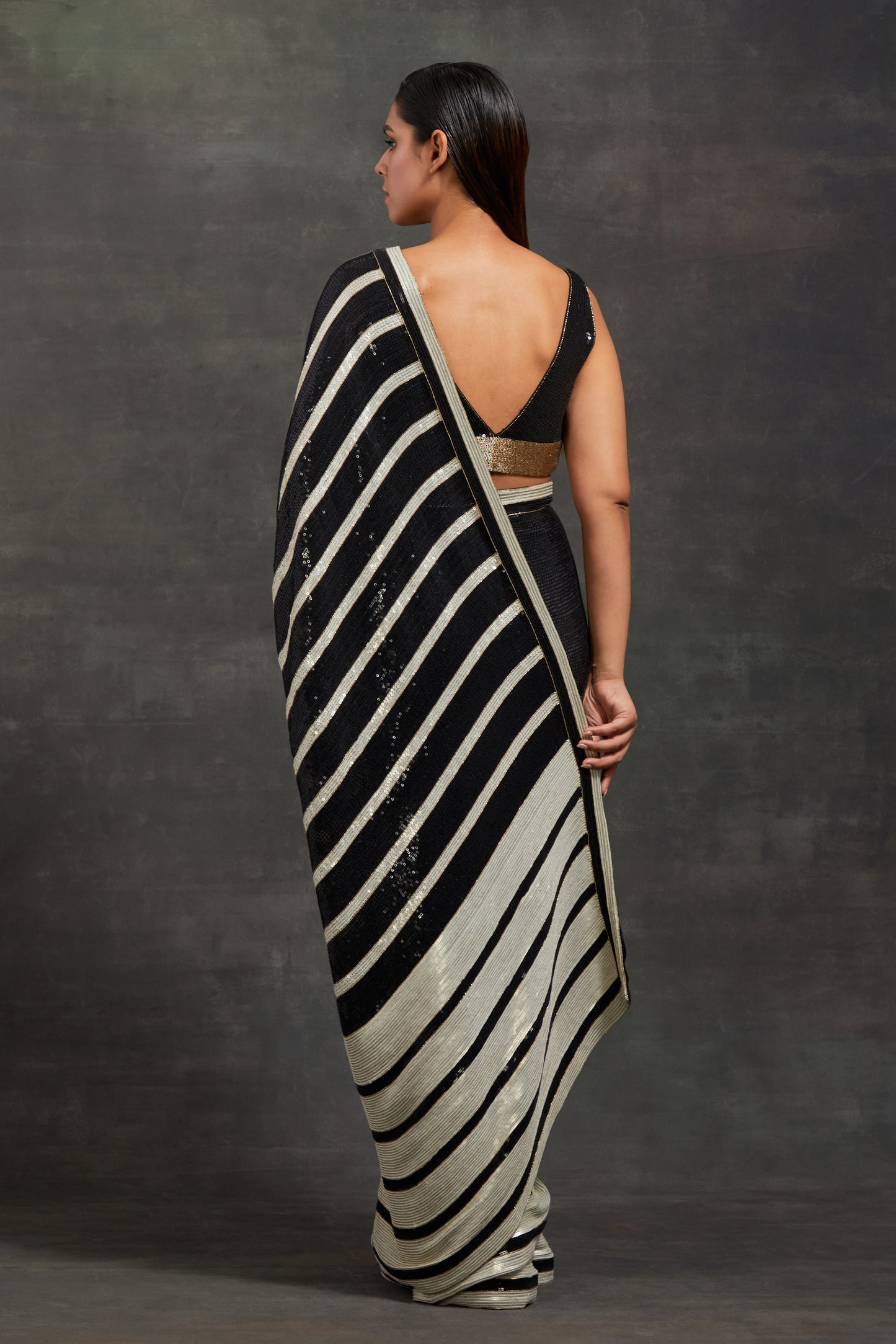 Sari Set In  Stripe Sequin Embroidery