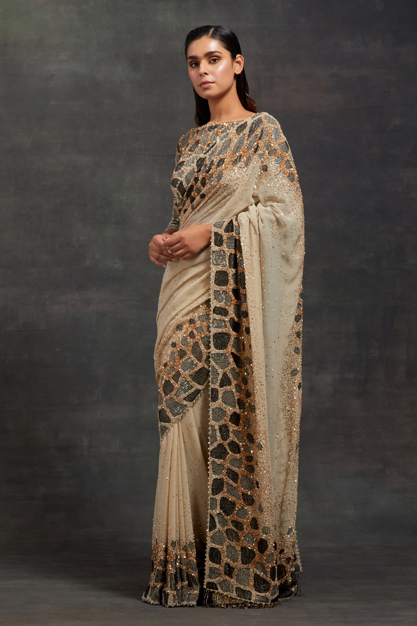 Sari Set In Giraffe Glow Sequin Embroidery