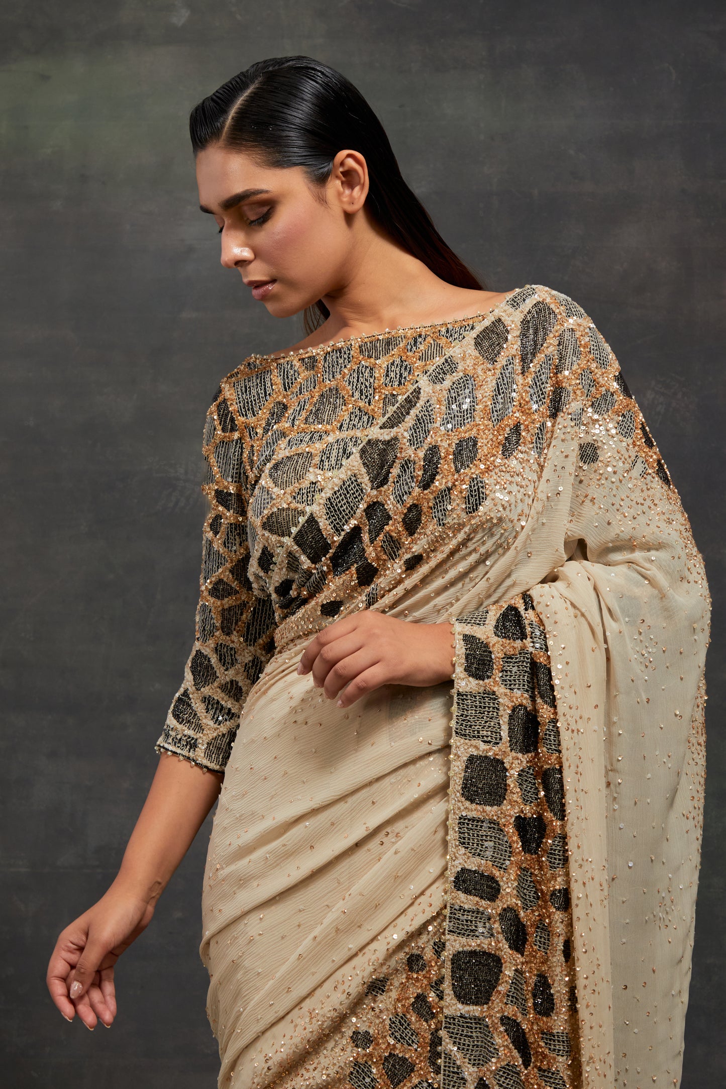 Sari Set In Giraffe Glow Sequin Embroidery