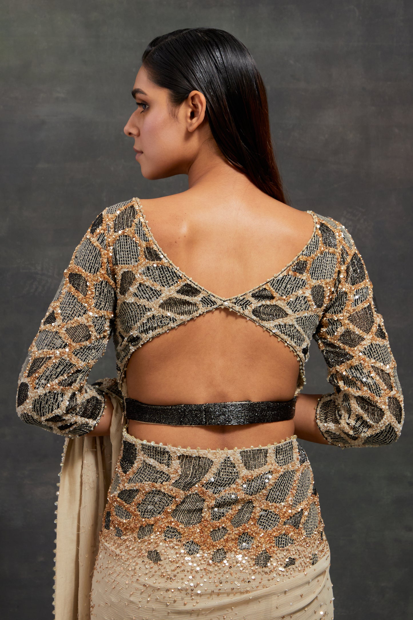 Sari Set In Giraffe Glow Sequin Embroidery