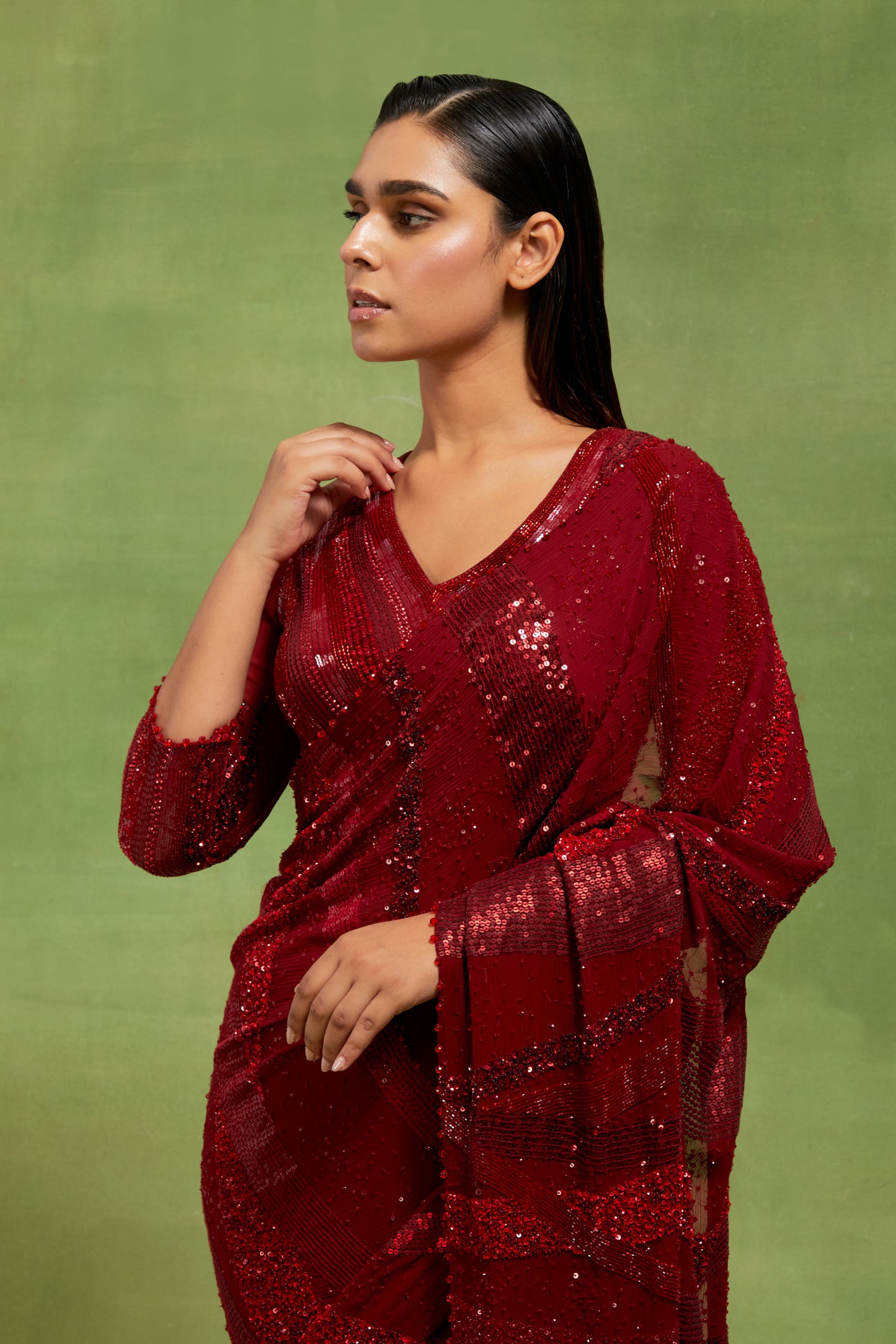 Sari Set in Sequin Embroidery in stripes design