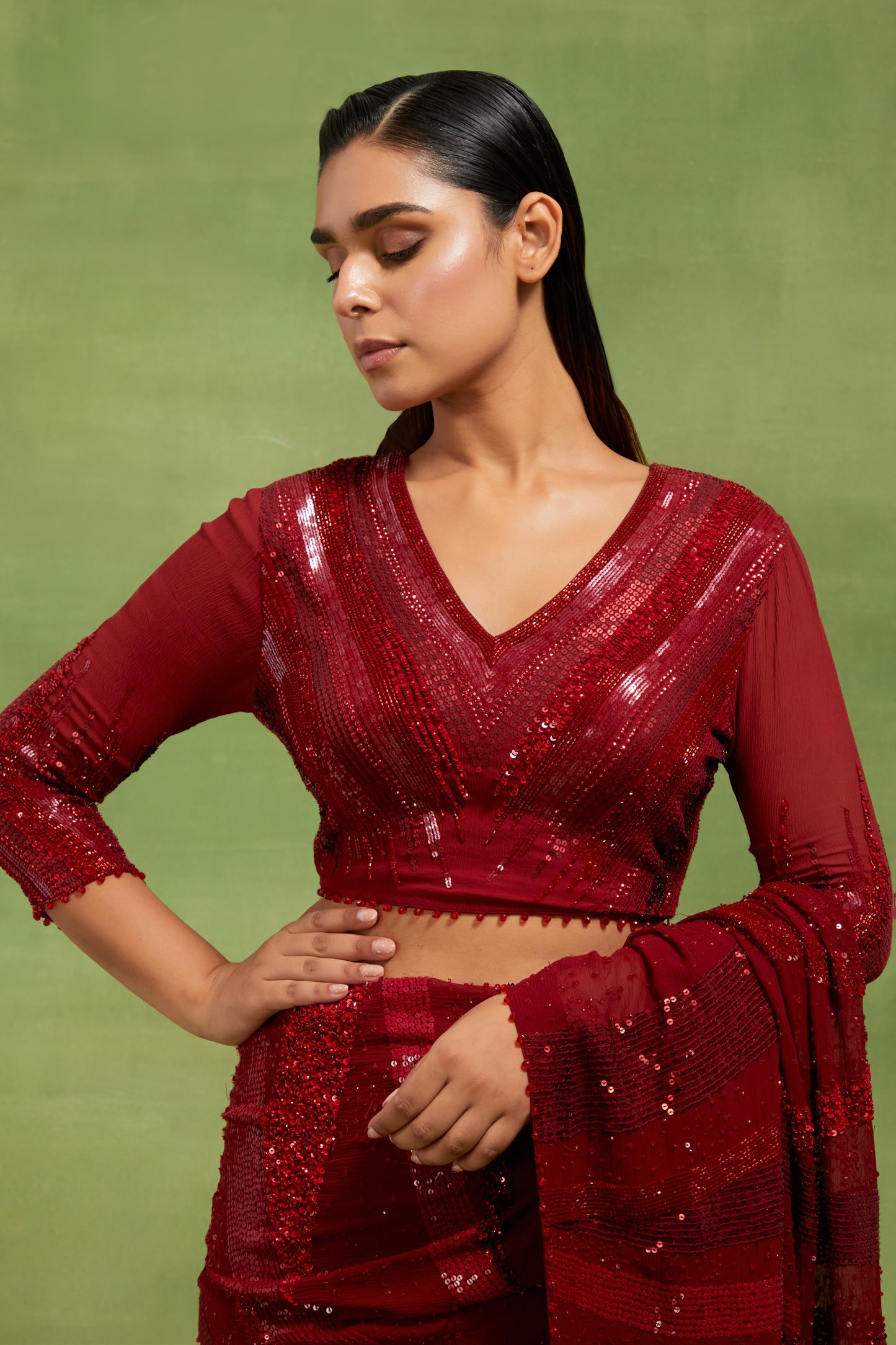 Sari Set in Sequin Embroidery in stripes design