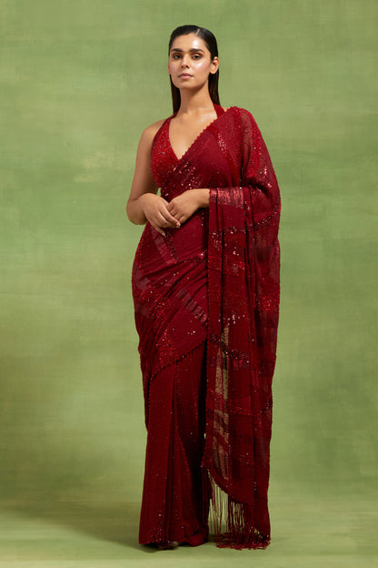 Sari Set in Sequin Embroidery in Stripes Design