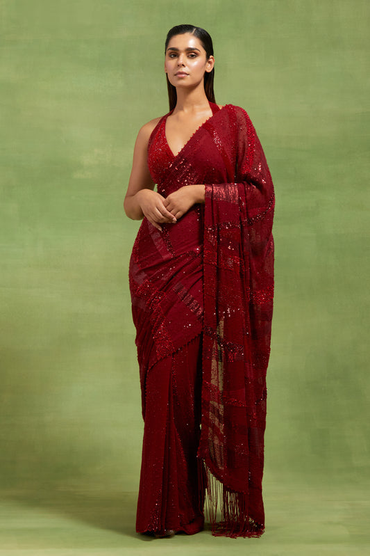 Sari Set in Sequin Embroidery in Stripes Design