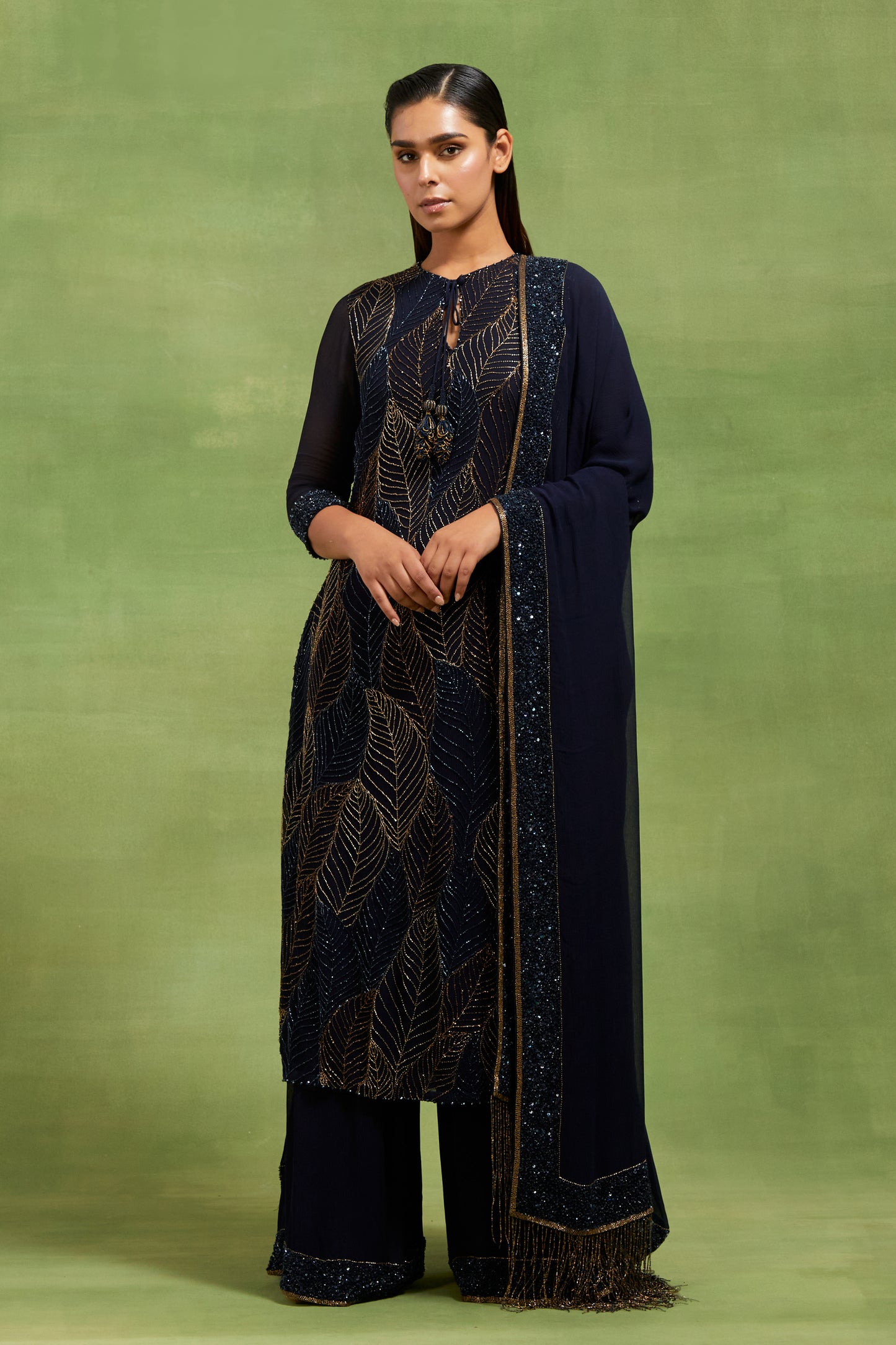 Kurta Set In Cutdana Leaf Embroidery