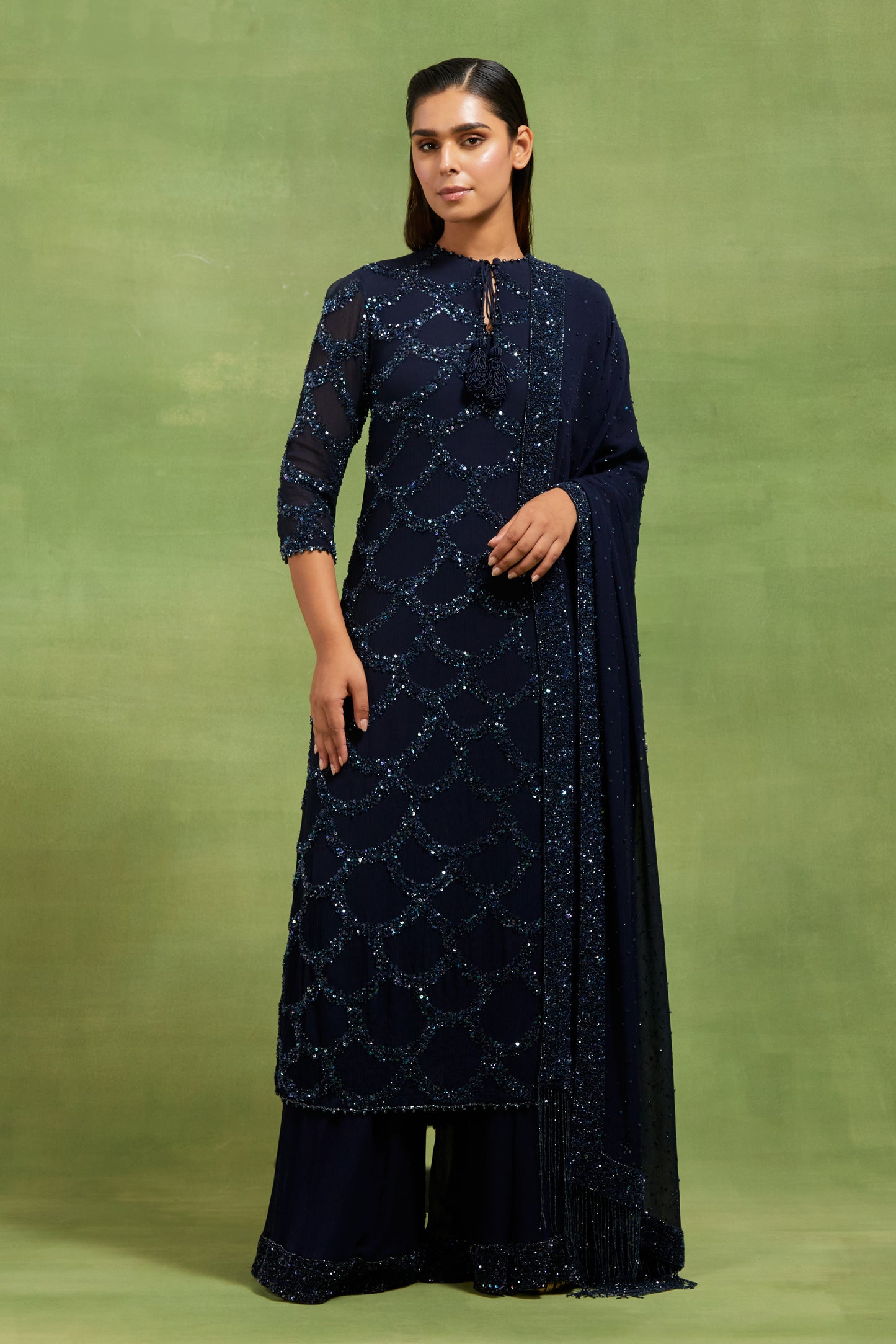 Kurta Set in Fish Scale Design in Tonal Sequin Embroidery