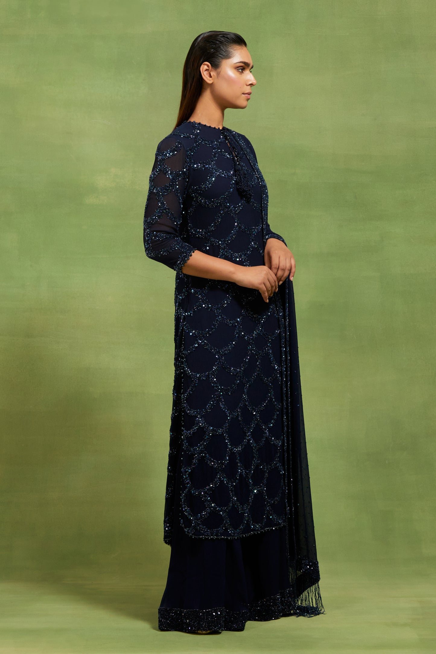 Kurta Set in Fish Scale Design in Tonal Sequin Embroidery