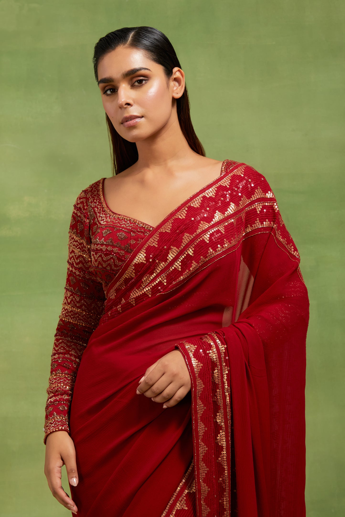 Sari Set In Egyptian Cutdana Pattern Embroidery