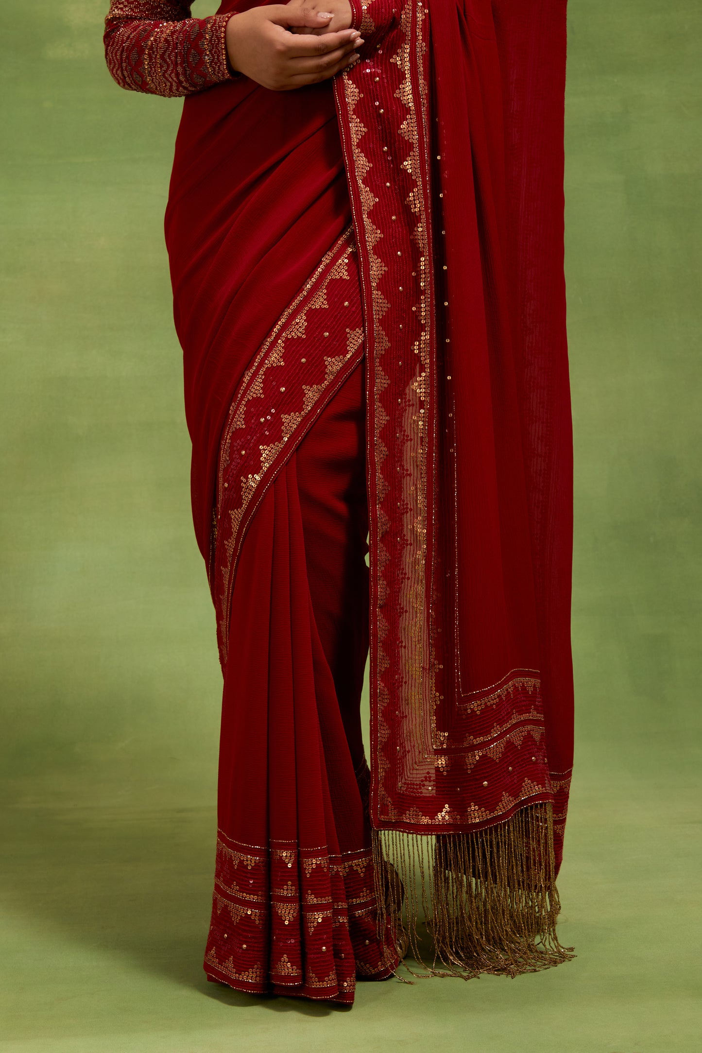 Sari Set In Egyptian Cutdana Pattern Embroidery