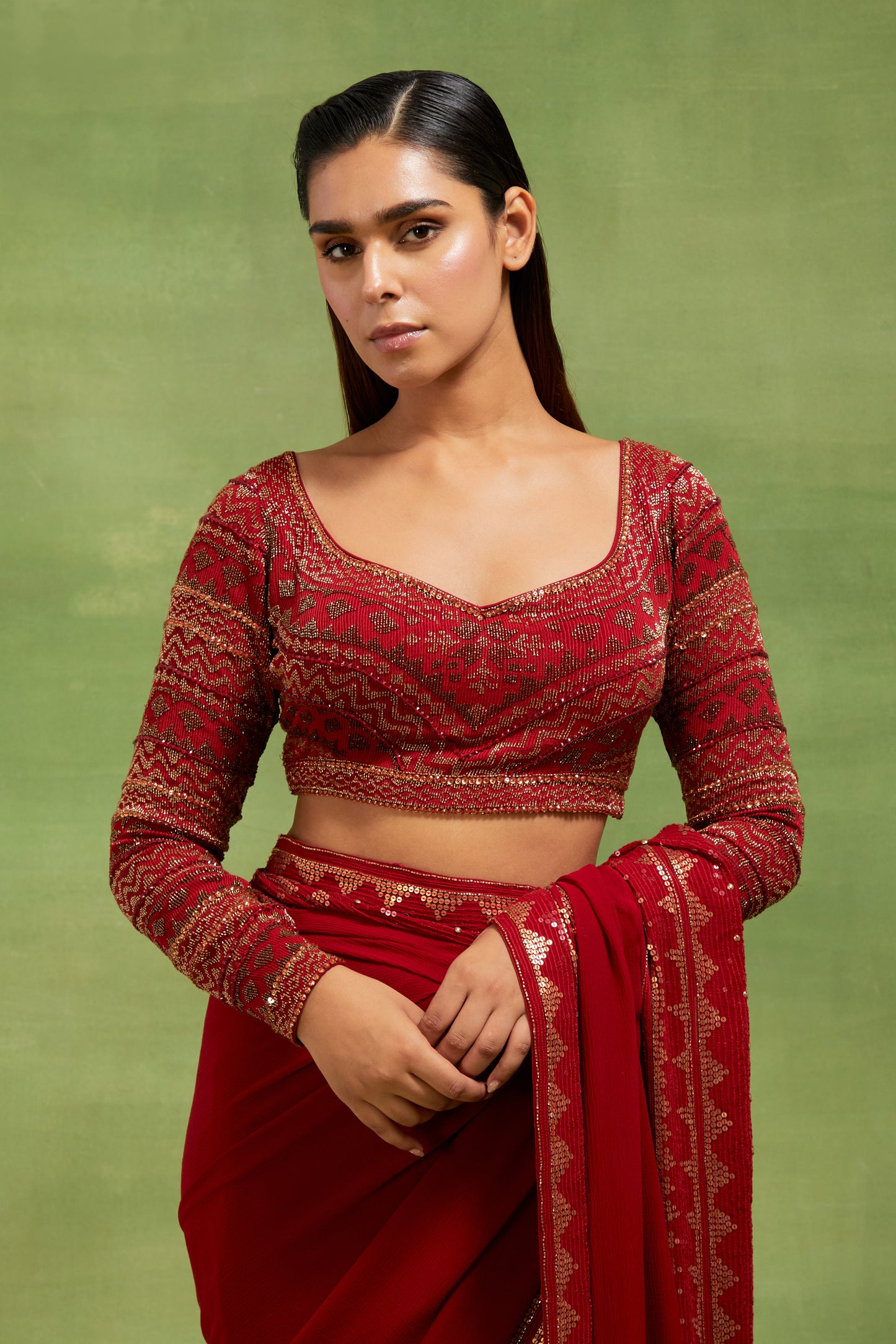 Sari Set In Egyptian Cutdana Pattern Embroidery