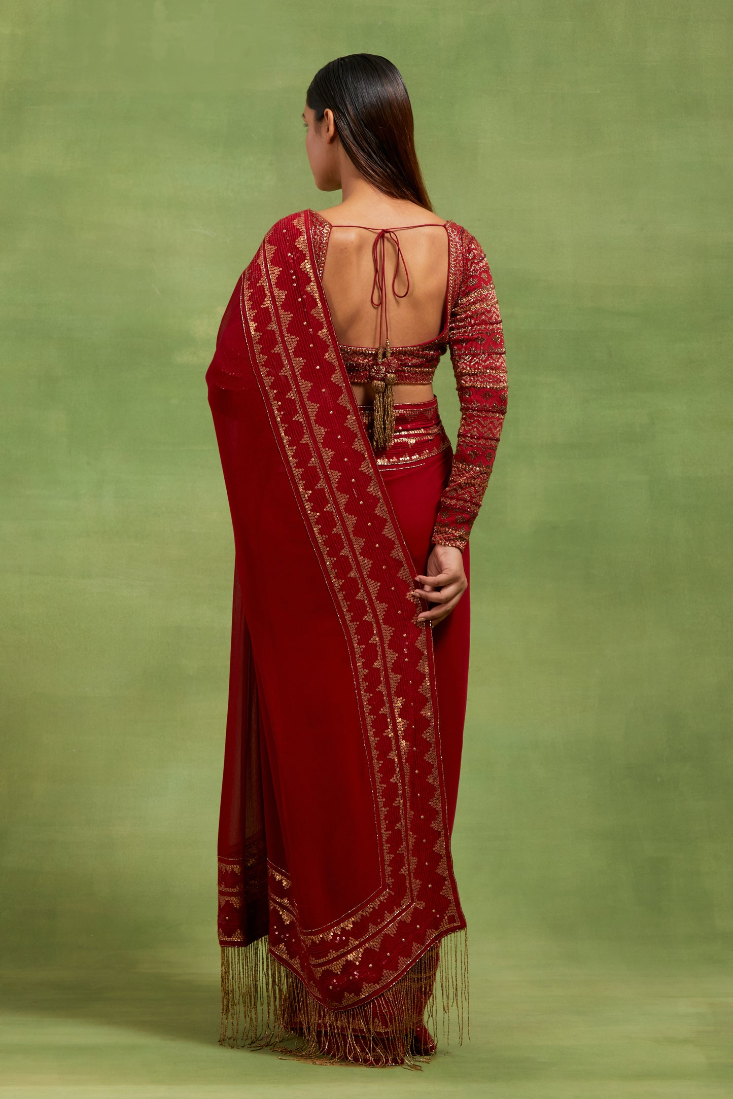 Sari Set In Egyptian Cutdana Pattern Embroidery