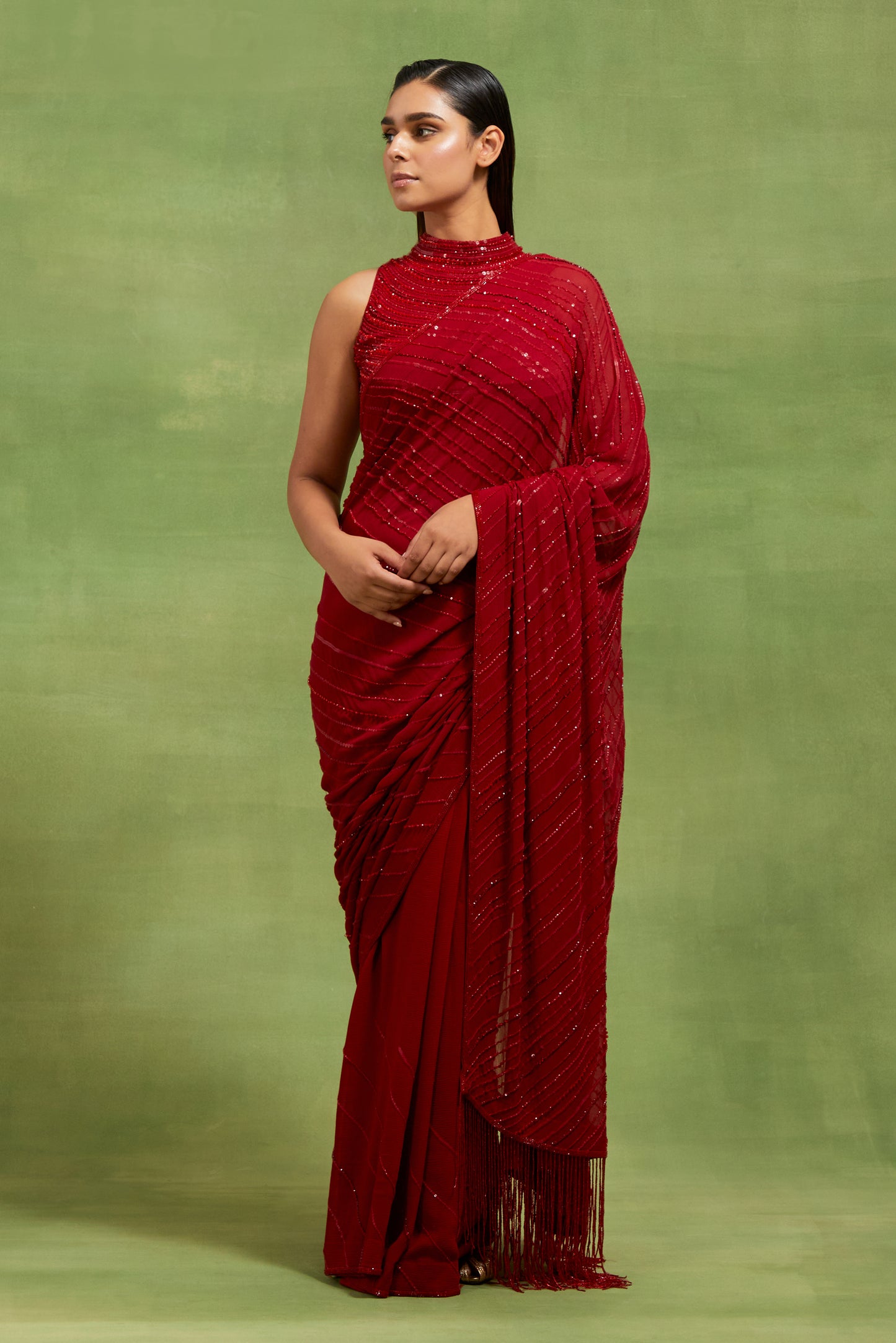 Sari Set in Tonal Beaded Lines Sequins Embroidery