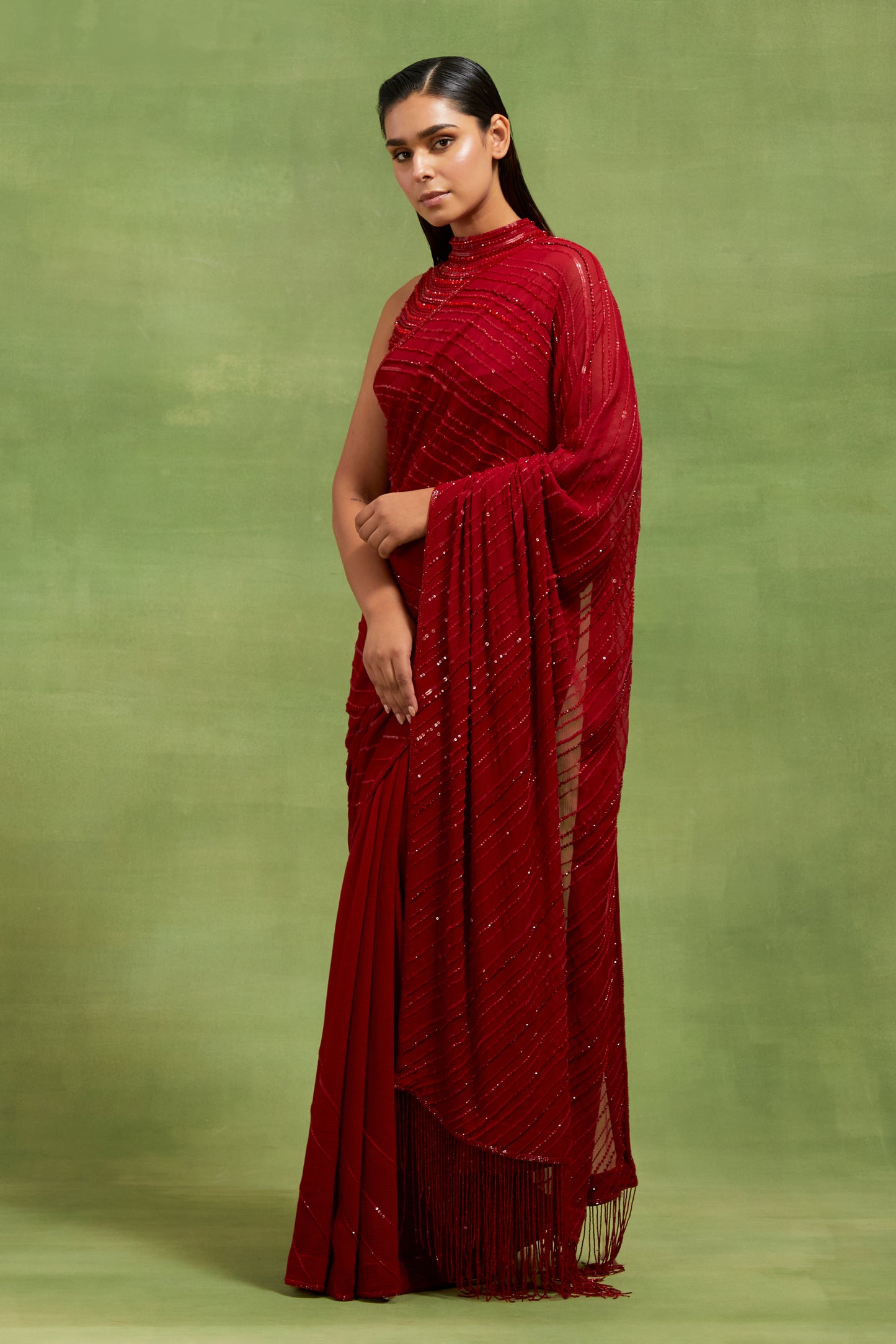 Sari Set in Tonal Beaded Lines Sequins Embroidery