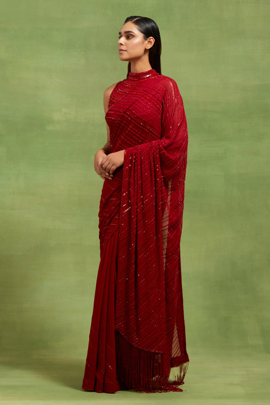 Sari Set in Tonal Beaded Lines Sequins Embroidery
