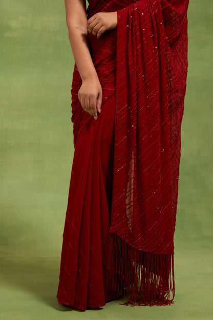 Sari Set in Tonal Beaded Lines Sequins Embroidery
