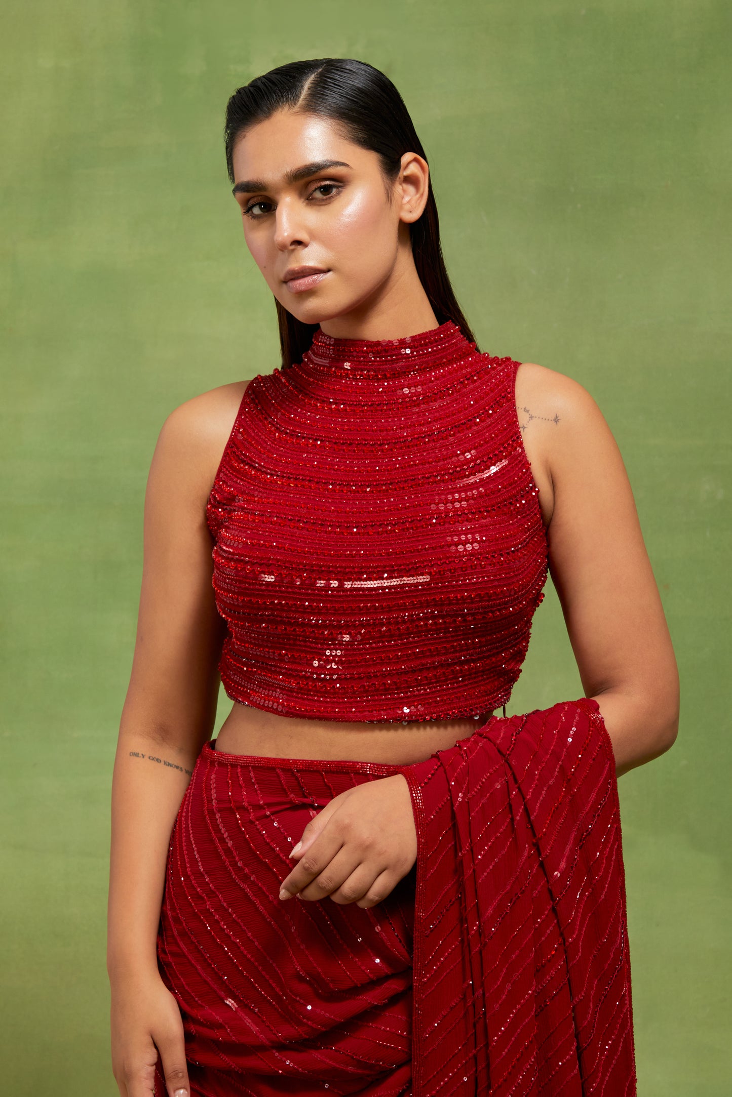 Sari Set in Tonal Beaded Lines Sequins Embroidery