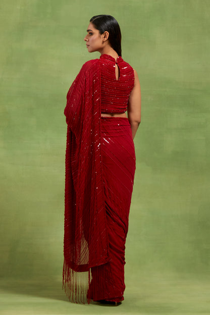 Sari Set in Tonal Beaded Lines Sequins Embroidery