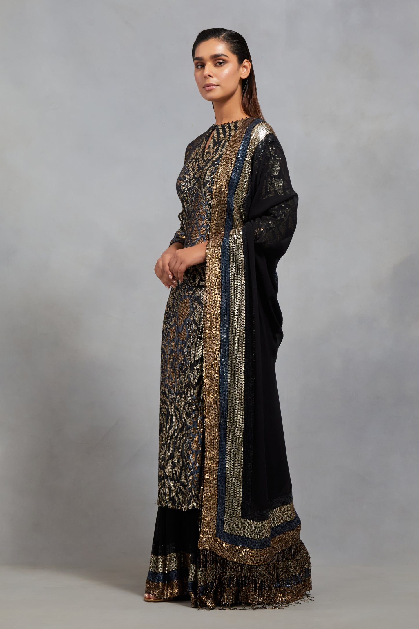 Kurta Set In Sequin Embroidery made in a mix of Tiger-Leopard design