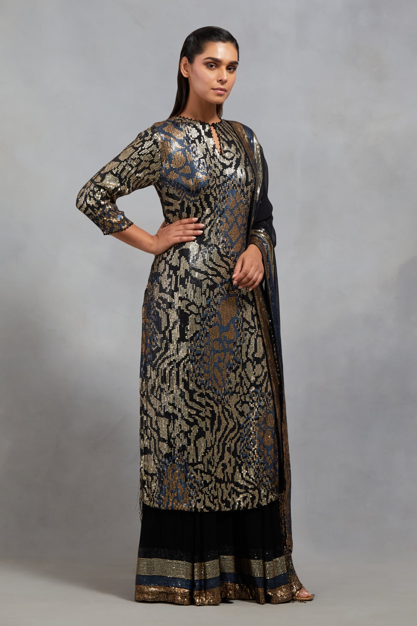 Kurta Set In Sequin Embroidery made in a mix of Tiger-Leopard design