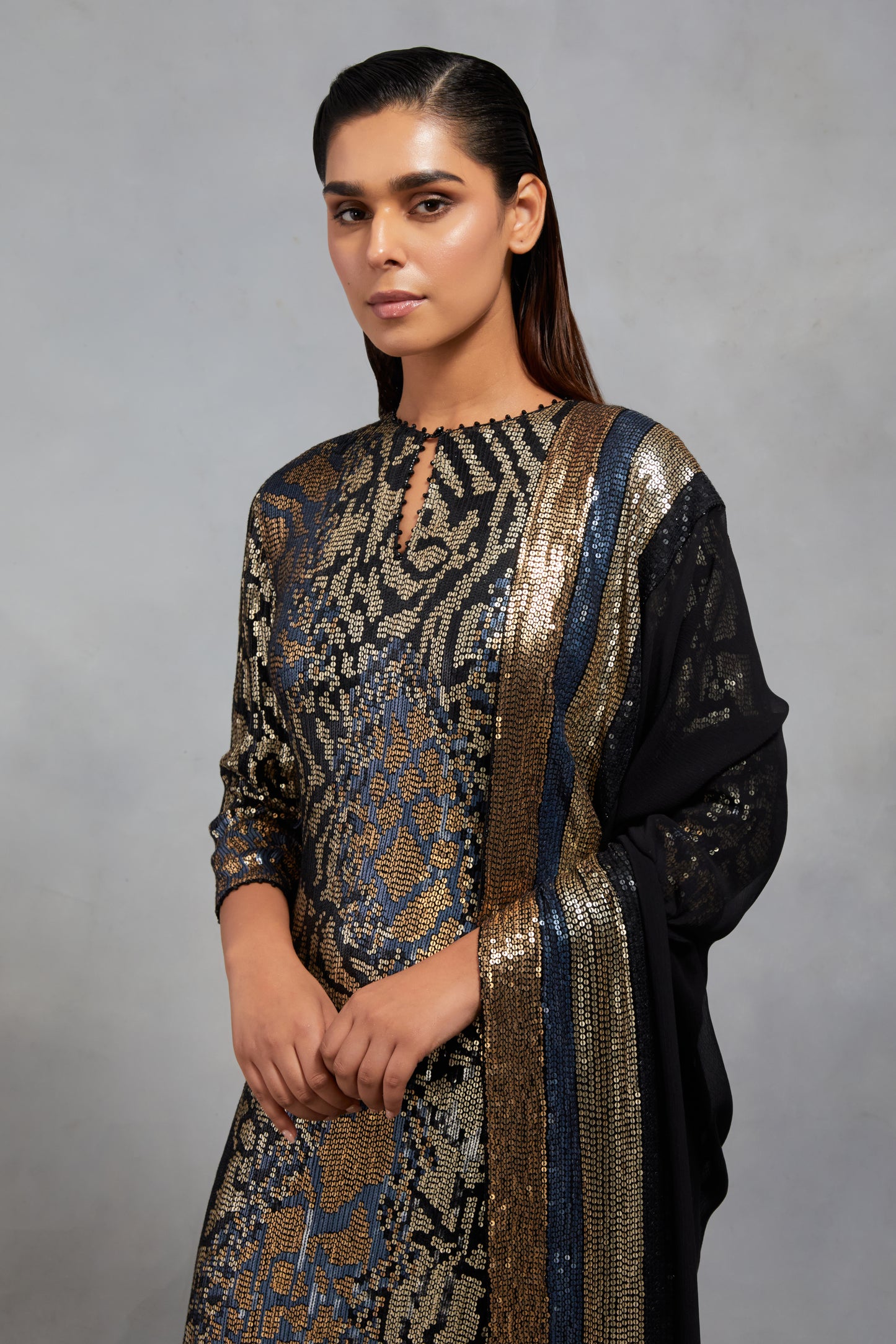 Kurta Set In Sequin Embroidery made in a mix of Tiger-Leopard design