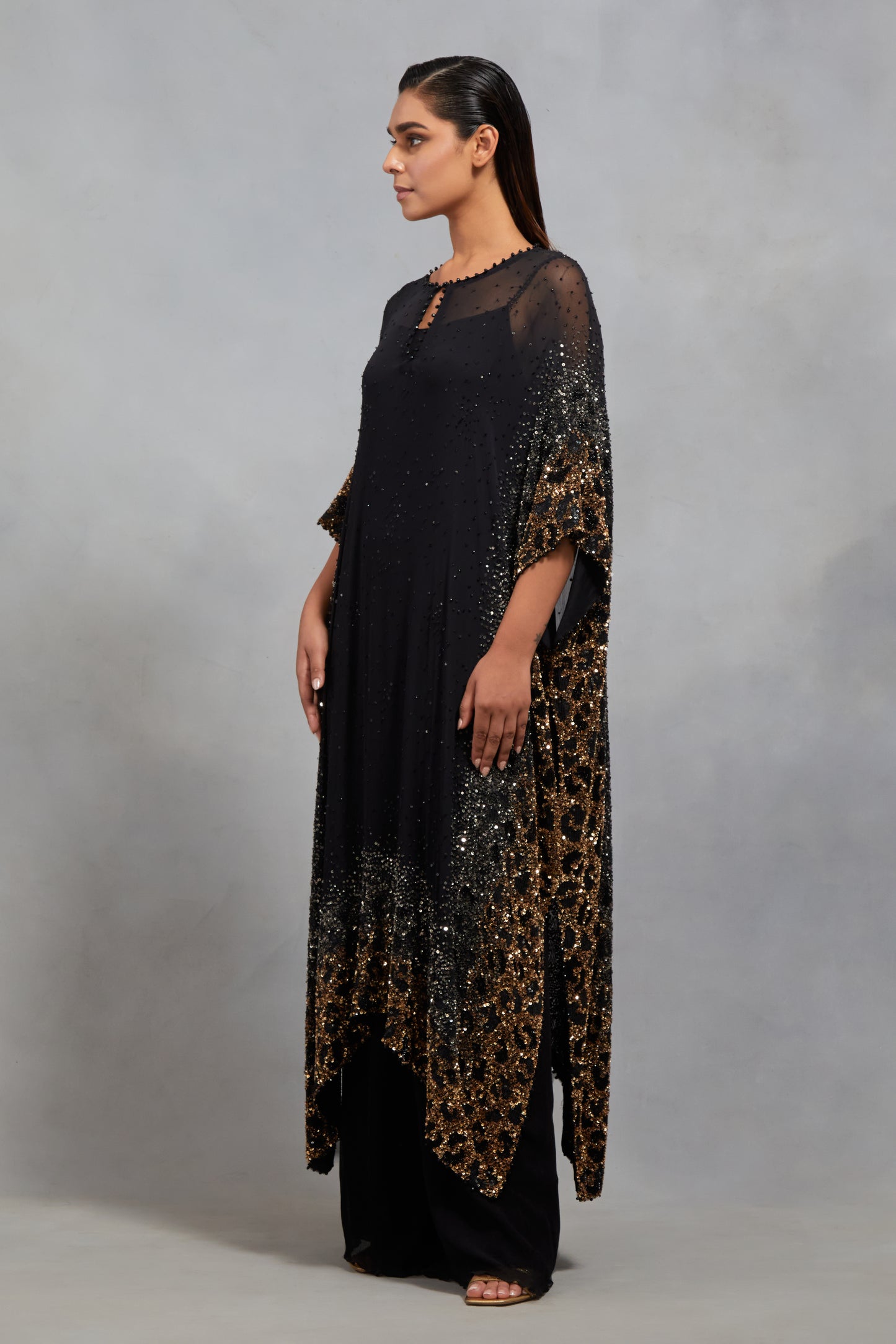 Kaftan Set in Sprinkle Sequin Embroidery in a Leopard Design Pattern