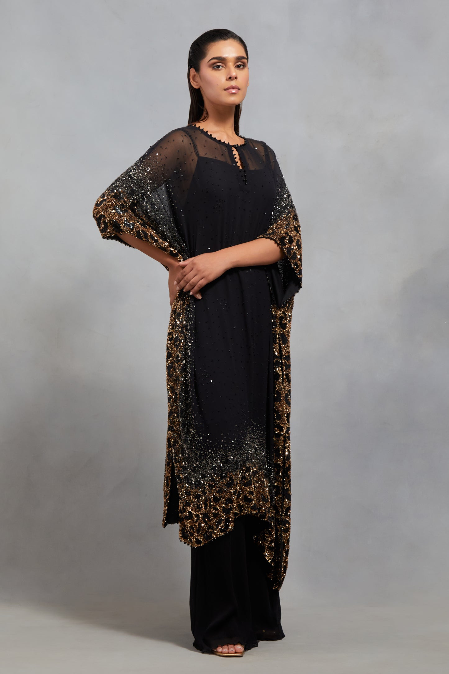 Kaftan Set in Sprinkle Sequin Embroidery in a Leopard Design Pattern