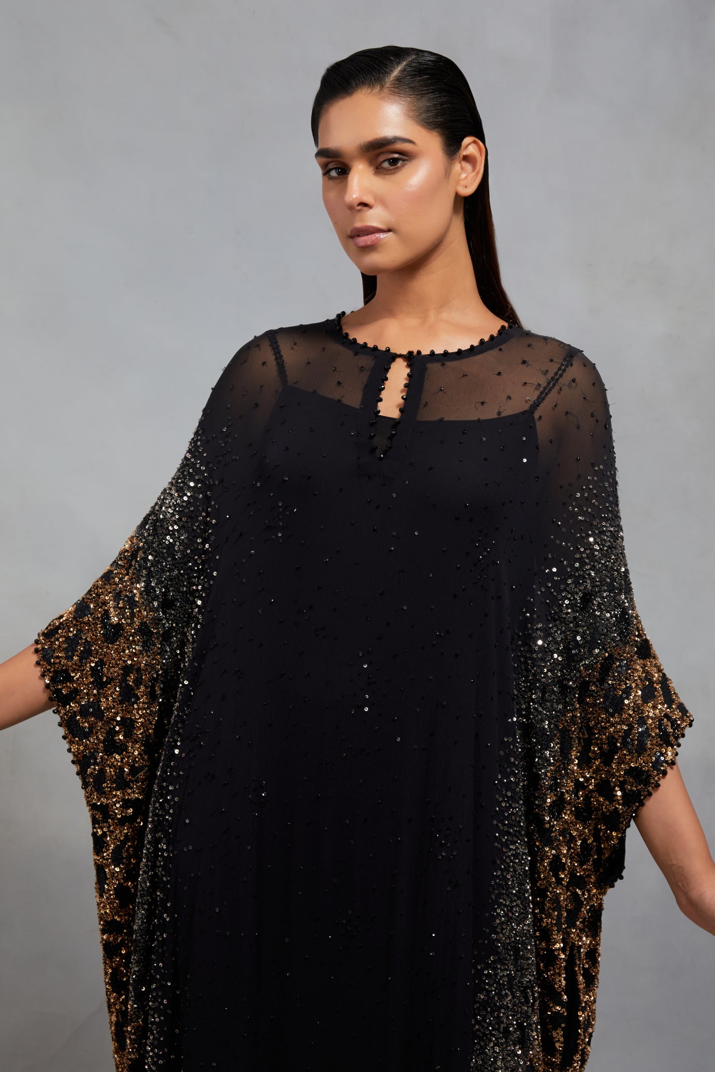Kaftan Set in Sprinkle Sequin Embroidery in a Leopard Design Pattern