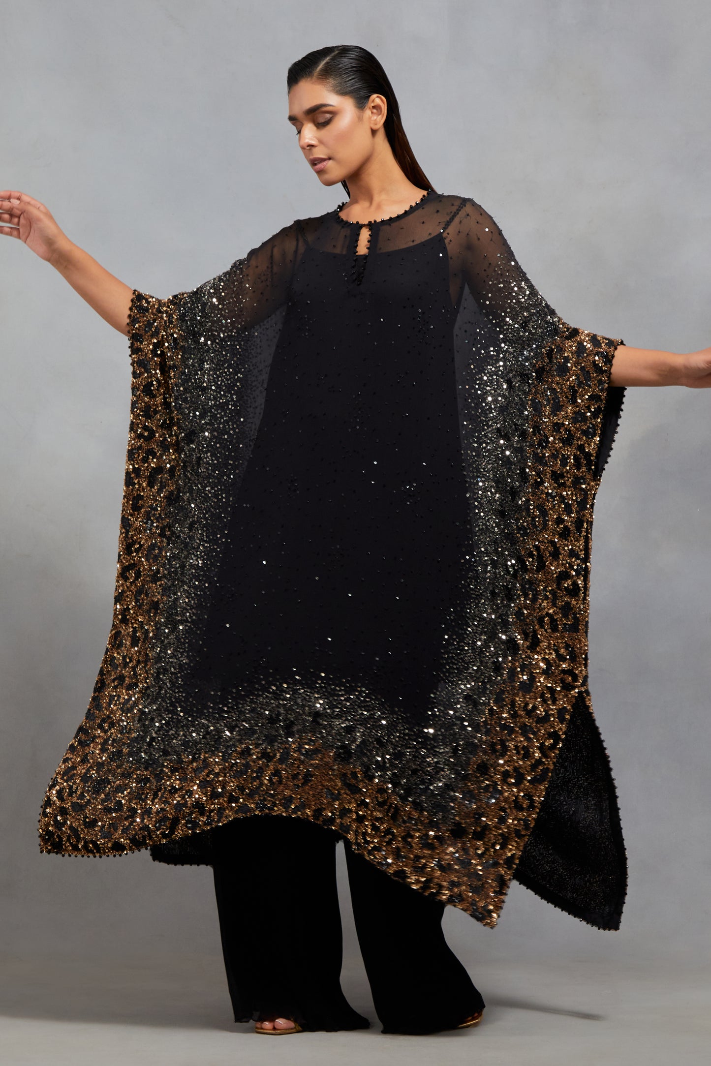 Kaftan Set in Sprinkle Sequin Embroidery in a Leopard Design Pattern