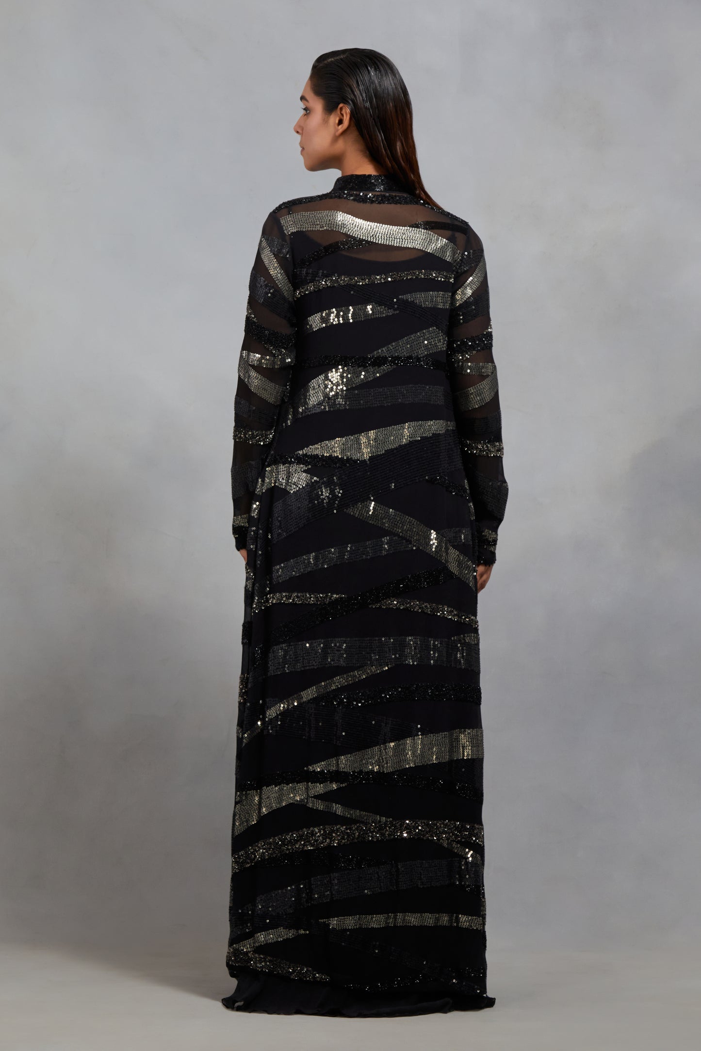 Jacket in Tonal and Antique Silver Sequin  Embroidery