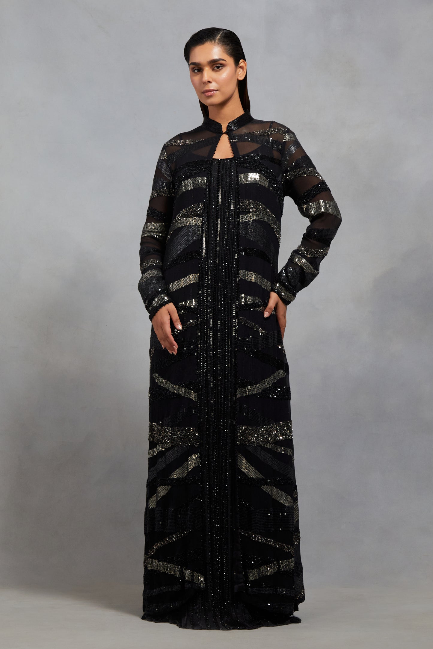 Jacket in Tonal and Antique Silver Sequin  Embroidery