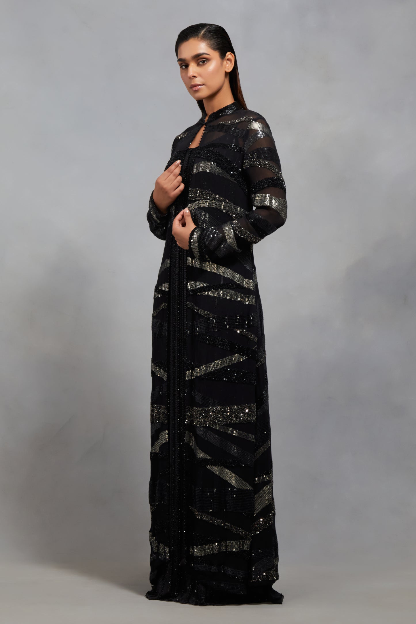 Jacket in Tonal and Antique Silver Sequin  Embroidery