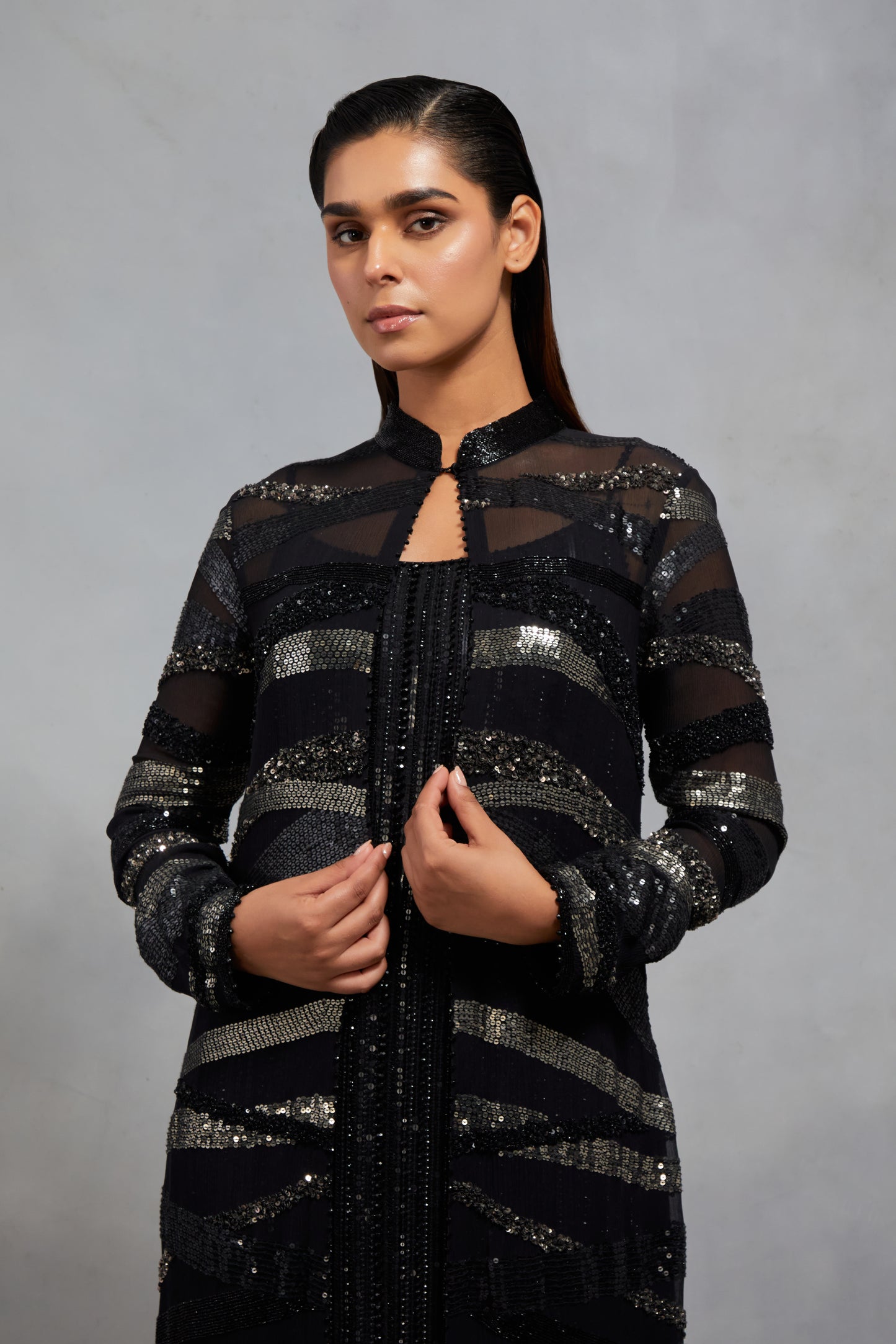 Jacket in Tonal and Antique Silver Sequin  Embroidery