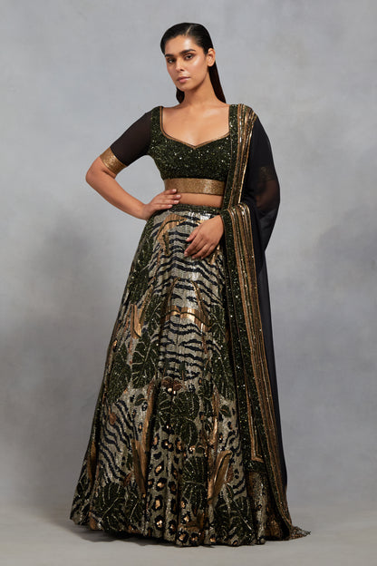 Lehenga Set in Animal Foliage Sequin Embroidery Texture