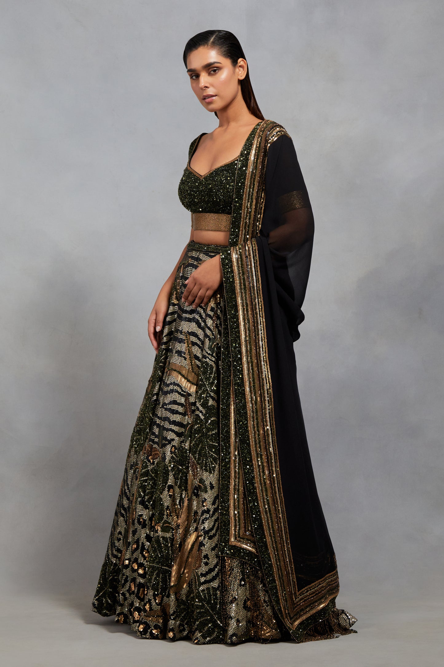 Lehenga Set in Animal Foliage Sequin Embroidery Texture