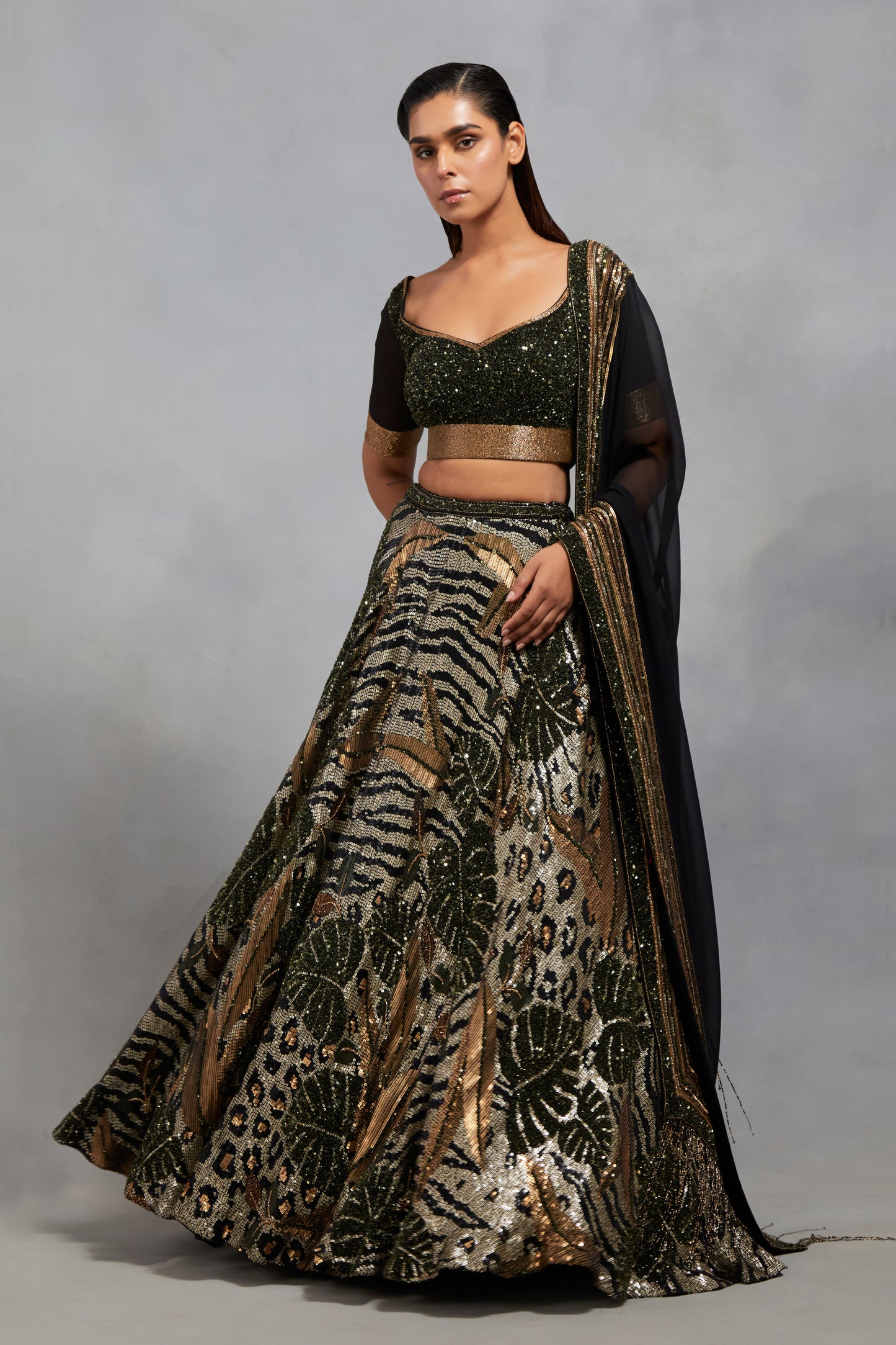 Lehenga Set in Animal Foliage Sequin Embroidery Texture