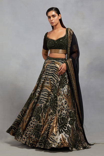 Lehenga Set in Animal Foliage Sequin Embroidery Texture