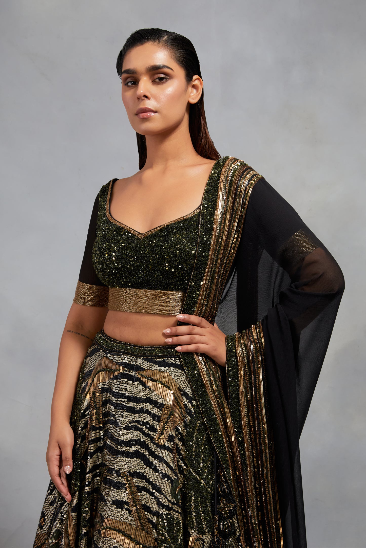 Lehenga Set in Animal Foliage Sequin Embroidery Texture