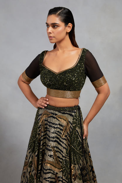 Lehenga Set in Animal Foliage Sequin Embroidery Texture