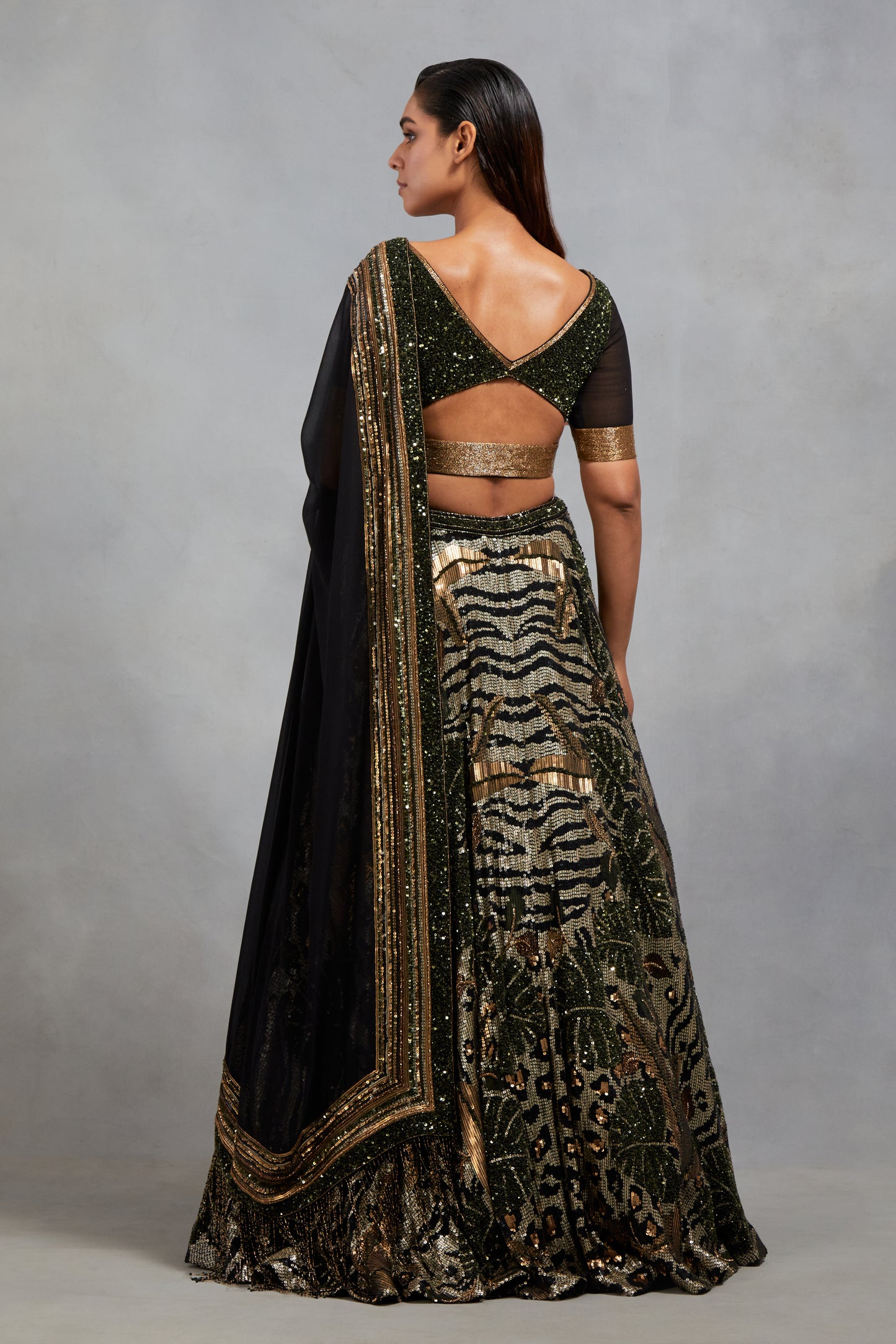 Lehenga Set in Animal Foliage Sequin Embroidery Texture
