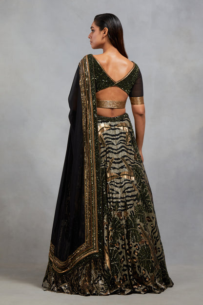 Lehenga Set in Animal Foliage Sequin Embroidery Texture