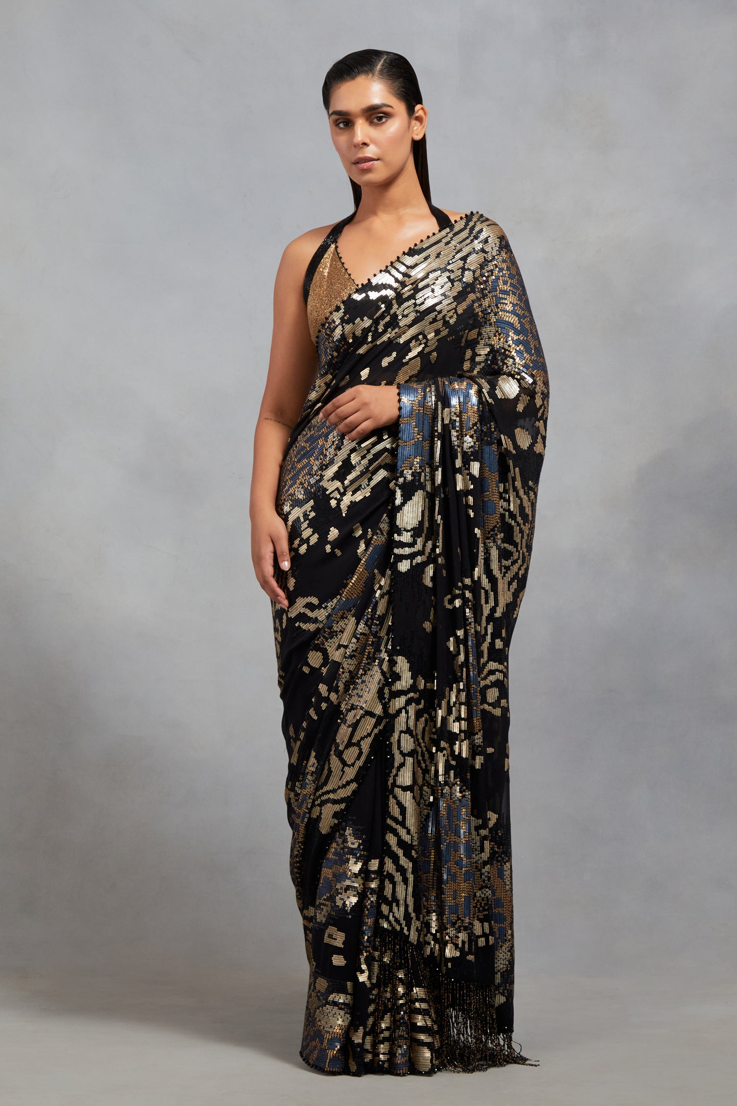 Sari Set in Sequin Embroidery in Tiger Leopard Design