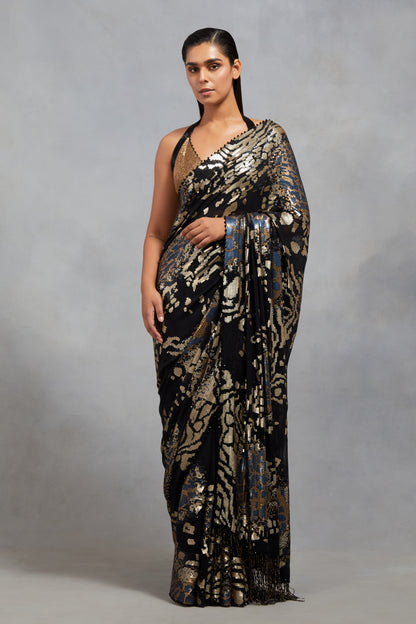Sari Set in Sequin Embroidery in Tiger Leopard Design
